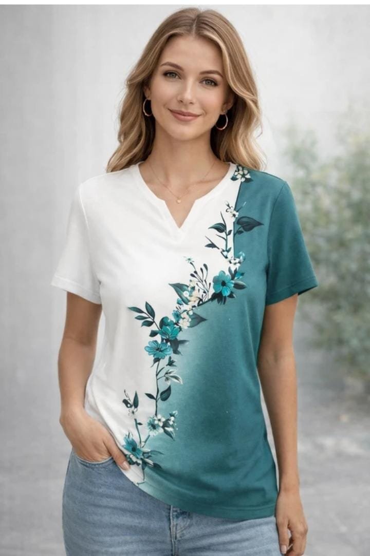 CASUAL REGULAR SLEEVES FLORAL PRINT, COLOR BLOCK WOMEN WHITE, DARK GREEN TOP
