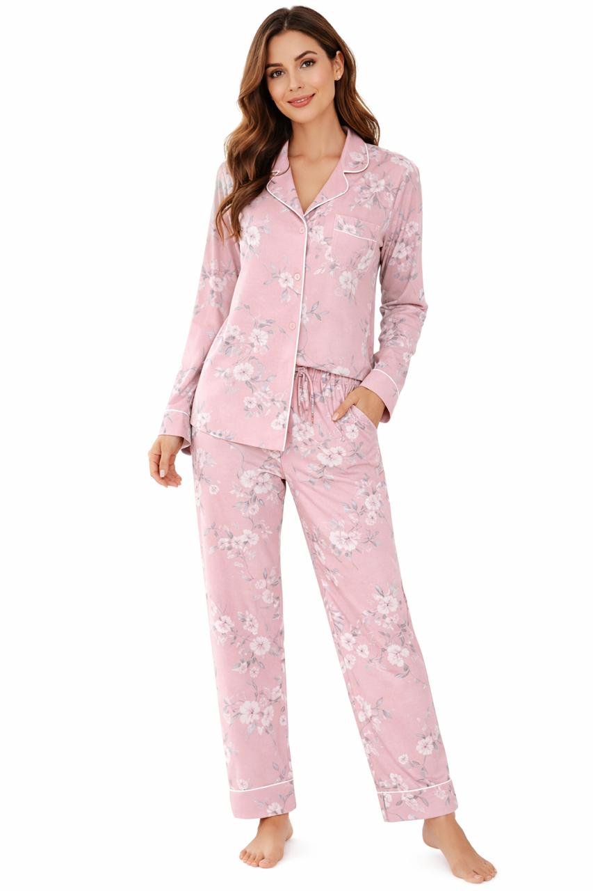 WOMEN SHIRT & PYJAMA SET PINK FLORAL PRINT